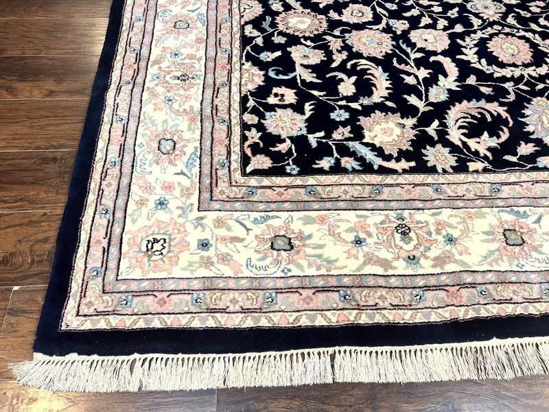 Indo Per'sian Rug 9x12 Navy Blue Ivory Floral Vintage Wool Carpet Handmade gallery