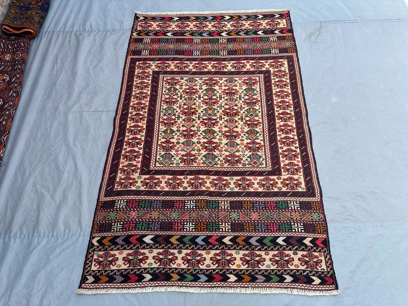 3'9x6'1 ft Vintage Hand Woven Sumak Kilim Rug Wool Tribal Geometric Afghan Rug gallery