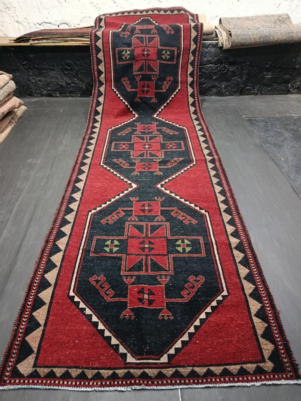 Red Antique Oriental Handmade Runner, 4.1x13ft, Geometric Entryway Runner Rug, gallery