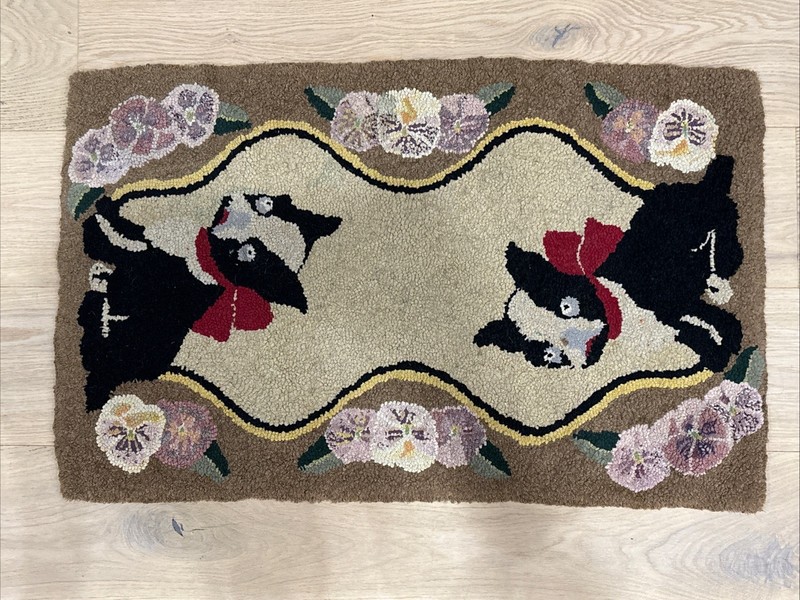 Antique Folk Art Boston Terrier Hooked Rug C1920, 32”x20” Handmade gallery