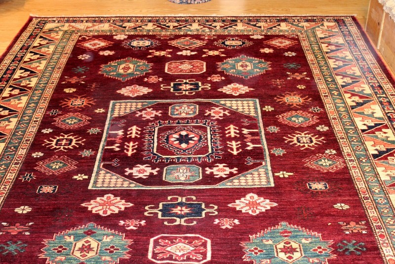 _KAZAK_RUG_HAND-MADE_7 X 9 FT. HAND-KNOTTED-100% WOOL Maroon dark red teal color gallery