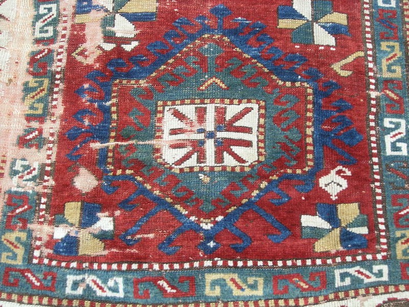Graphic Antique Mid 19c 3 Medallion Caucasian Kazak Rug Wool Warp & Weft 48x78" gallery