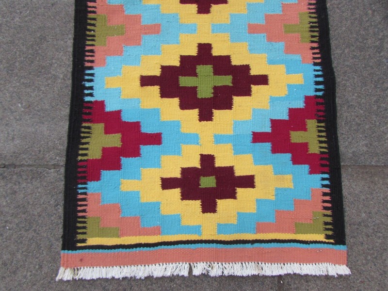 Vintage Traditional Hand Made Oriental Cotton Yellow Blue Small kilim 100x51cm gallery