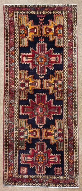 Vintage Hand Knotted 4x10 Navy Wool Tribal Geometric Ardebil Runner Area Rug gallery
