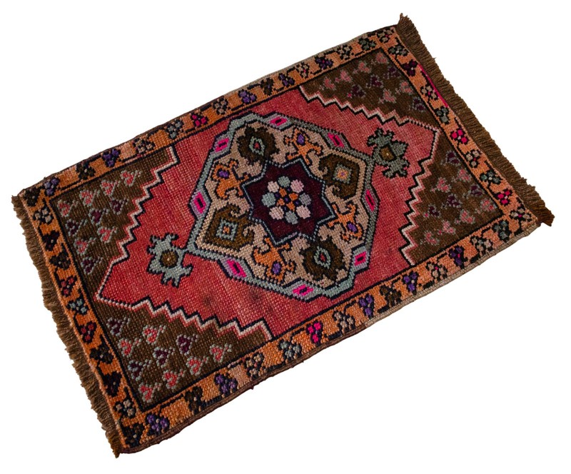 Vintage Distressed Small Area Rug Hand Knotted Oushak Rugs Yastik -1'7" x 2'5" gallery