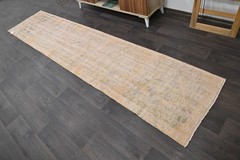 Vintage Turkish Runner Rug 2x11ft BEIGE Handmade Anatolian Oushak Hallway Wool