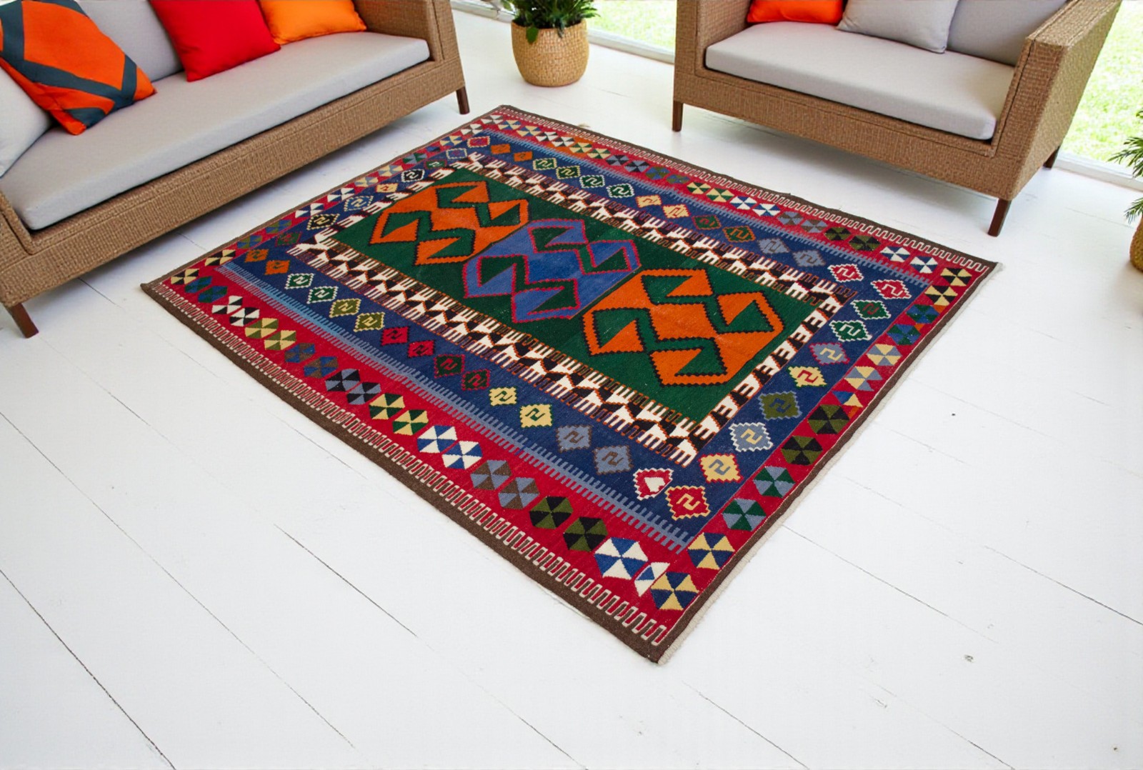 RARE UNUSED Vintage 1960s Turkish Kilim Rug 5'2"x 6'4" | All-Wool Natural Dyes | gallery