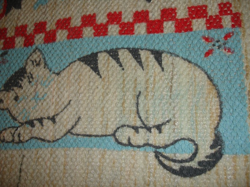 Vintage Hand Woven Cat Rug 22x30 Black & White Cats w/Red White Blue Background gallery