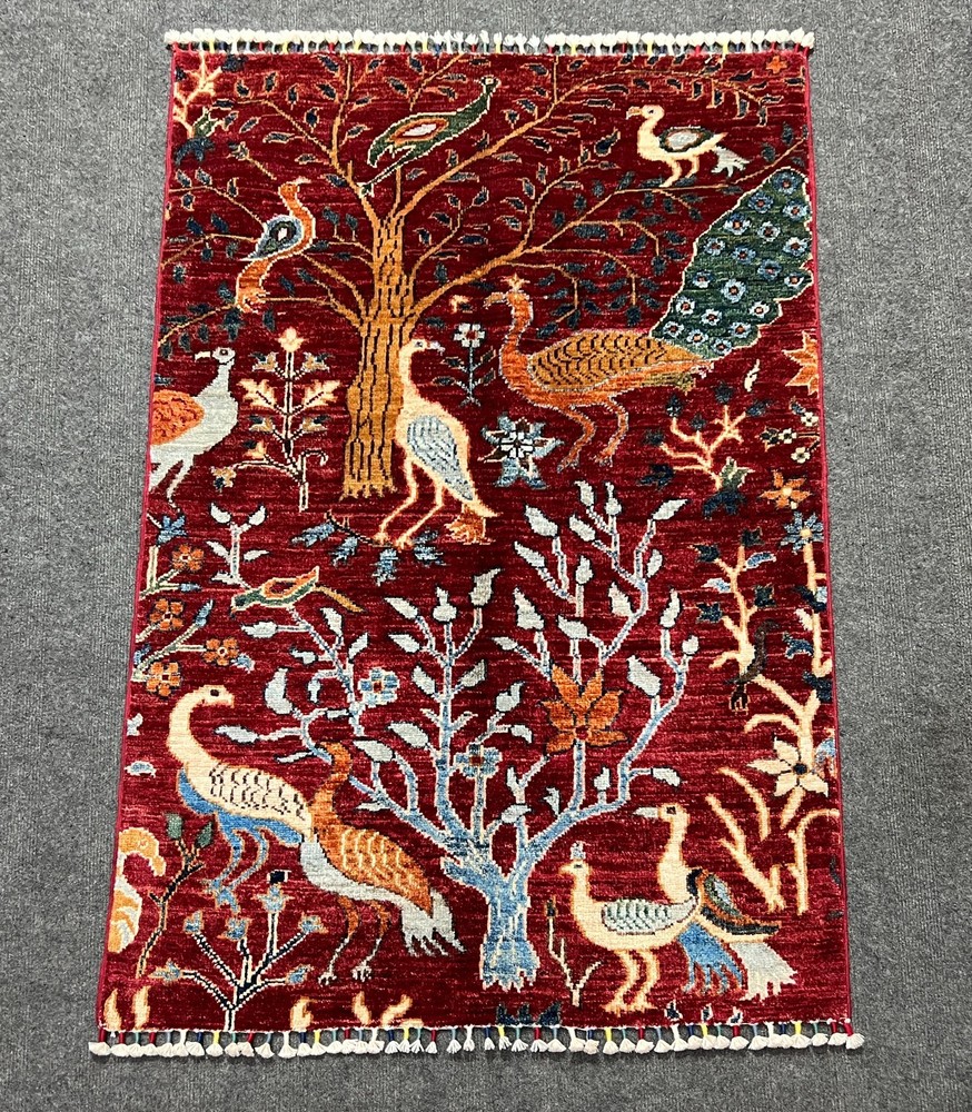 Handmade Afghan Pictorial Peacock Rug 3x4 Ft – Vintage Red Floral Boho Decor