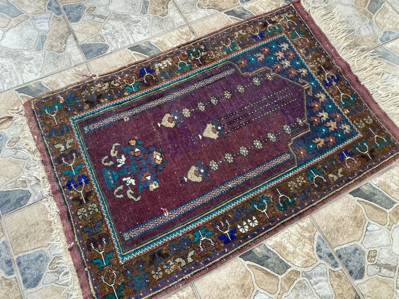 Vintage Turkish Handmade Wool Prayer Rug | Geometric Anatolian Oushak Carpet 2x4 gallery