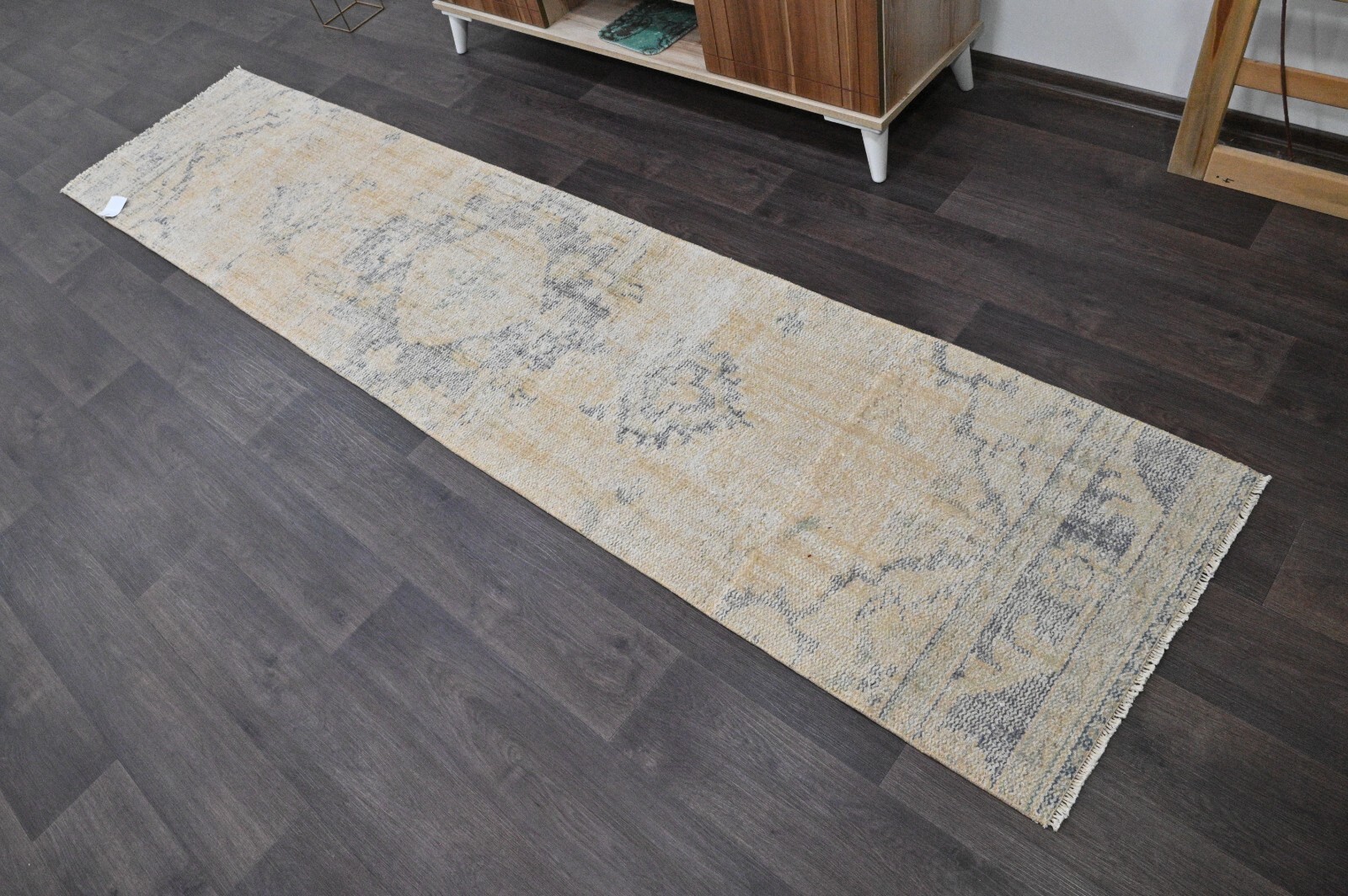 Vintage Turkish Runner Rug 2x10ft BEIGE Handmade Anatolian Oushak Hallway Wool gallery