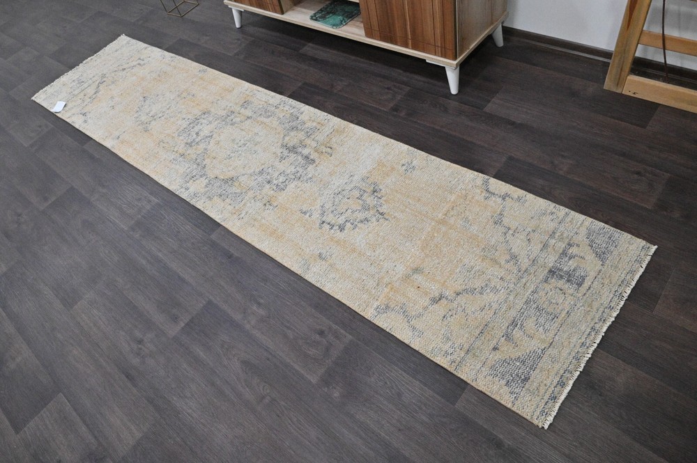 Vintage Turkish Runner Rug 2x10ft BEIGE Handmade Anatolian Oushak Hallway Wool