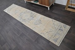 Vintage Turkish Runner Rug 2x10ft BEIGE Handmade Anatolian Oushak Hallway Wool