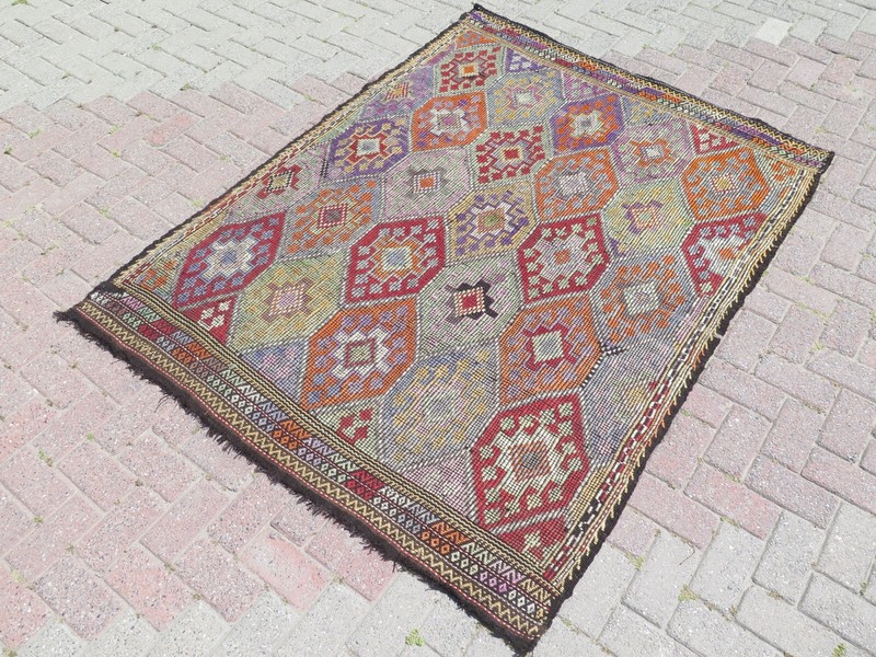 Tribal Vintage Sardes Kelim, Turkish Handwoven Wool Multicolor Rug 57"x76" gallery