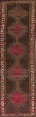 Vintage Dark Brown Geometric Ardebil Runner Rug 3×13 Wool Hand-knotted Carpet