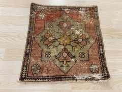 Antique Turkish Rug 1.3×1.4 ft Vintage Terracotta Olive Square Mat Boho Decor