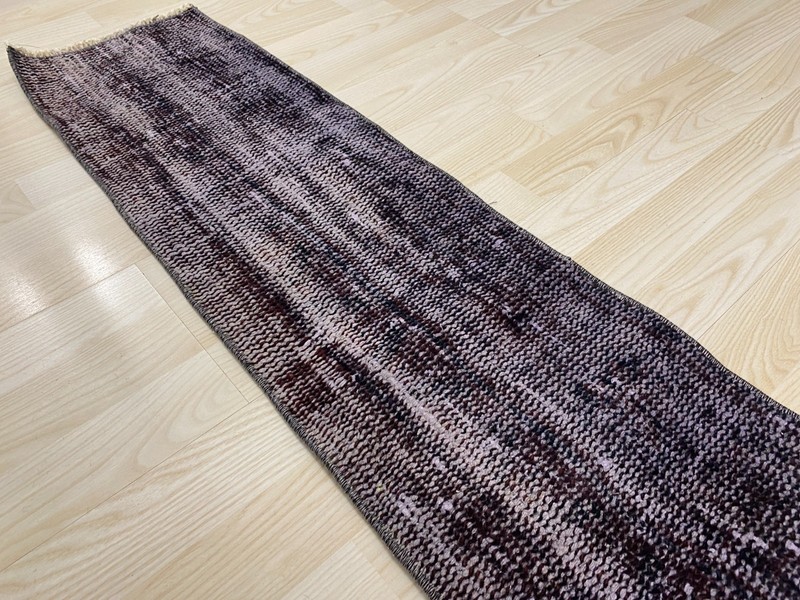 Antique Turkish Rug 0.9x5.0 ft Vintage Dark Plum Overdyed Narrow Carpet Boho gallery