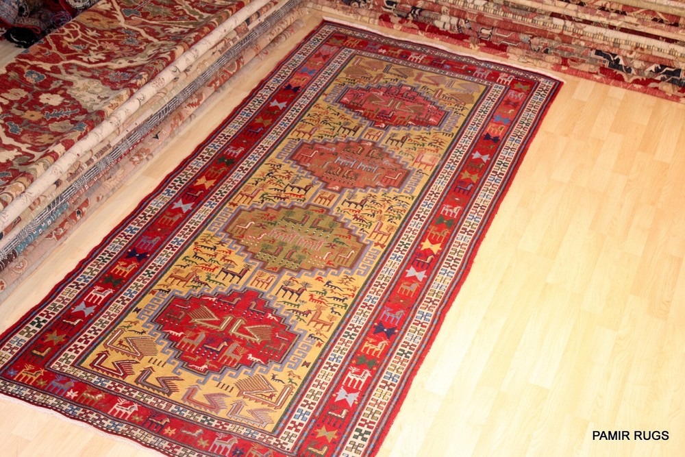 ON SALE 10' long handmade Sumak kilim Caucasian design gold, bright red, yellow