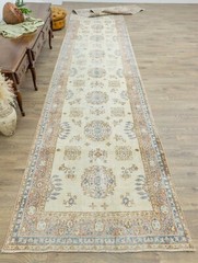 Extra-Long Turkish Oushak Runner 4×22.9 ft – Cream Blue – Quiet Luxury Decor