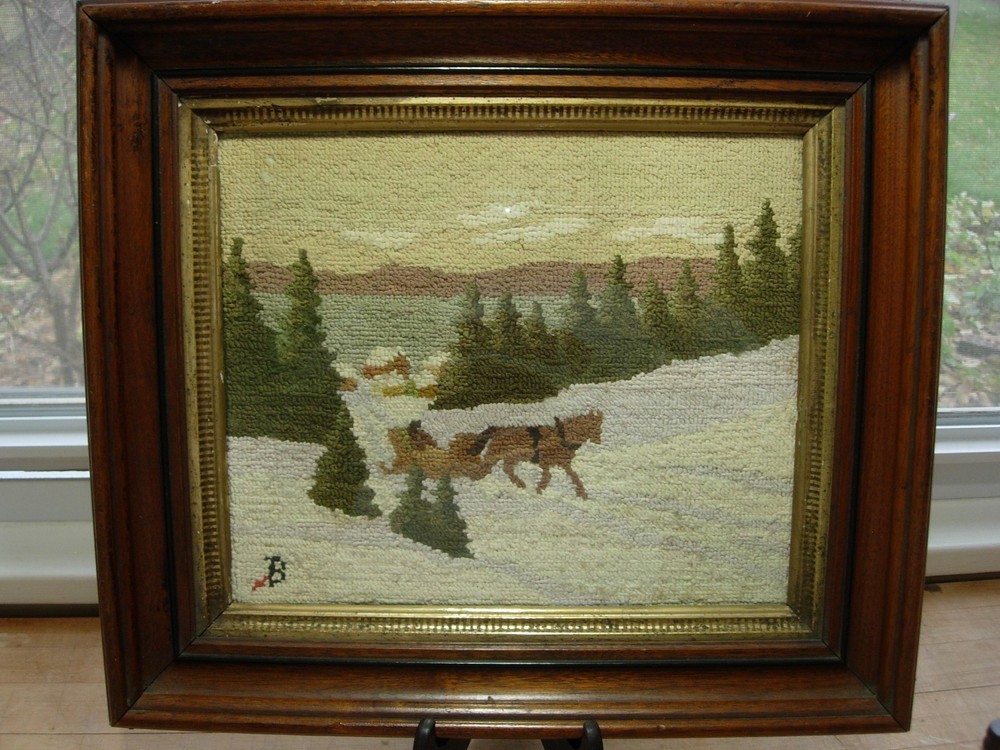 Antique Horse & Sleigh Burlap Back Hooked Rug Grenfell? Luminous Exceptional