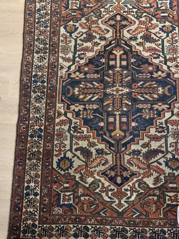 Antique 1920s Malayer Oriental Rug 4x6 | Ivory Field Navy Geometric Medallion gallery