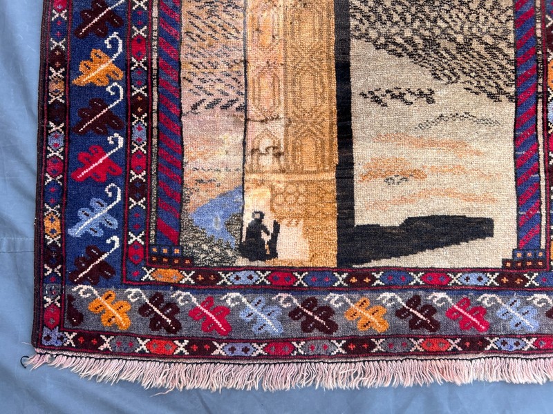 Blue Afghan Minaret Rug 3x4 Pictorial Hand Knotted Baluchi Tribal Wool Vintage gallery