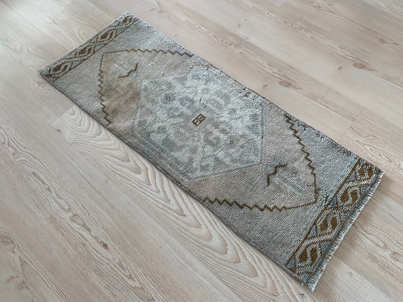 Muted Vintage Small Rug 1.1x2.8 ft with Minimal Medallion Neutral Bath Carpet gallery
