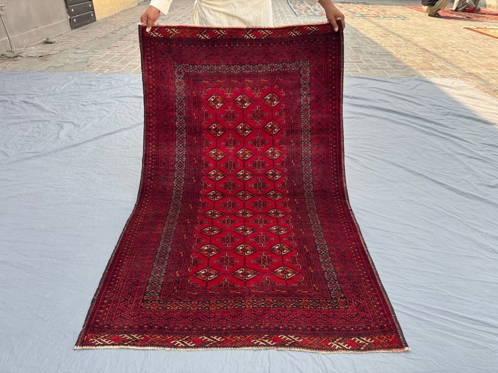 Vintage Red Bukhara Rug Hand Knotted Wool Tribal Area rug 3'6 x 5'8 ft