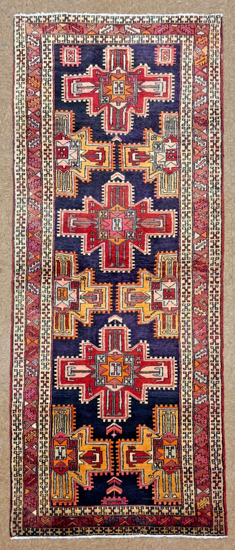 Vintage Hand Knotted 4x10 Navy Wool Tribal Geometric Ardebil Runner Area Rug gallery