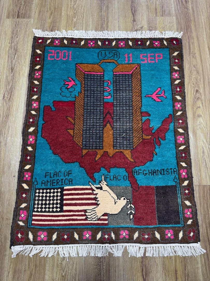 Opium, AK47, 9/11, drone, Palestine USA, Afghan war rugs, hand made carpets, s19 gallery