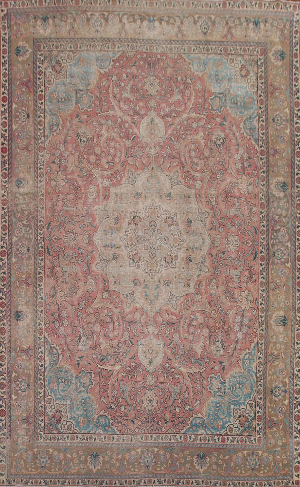 Semi-Antique Muted Pink Handmade Floral Tebriz Handmade Room Size Area Rug 10x13