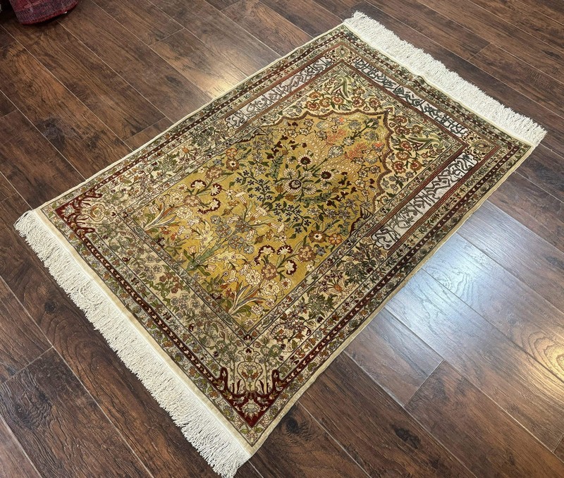 Silk Turkish Hereke Rug 3x5, Gold, Silk with Metal Threads, 700 KPSI gallery