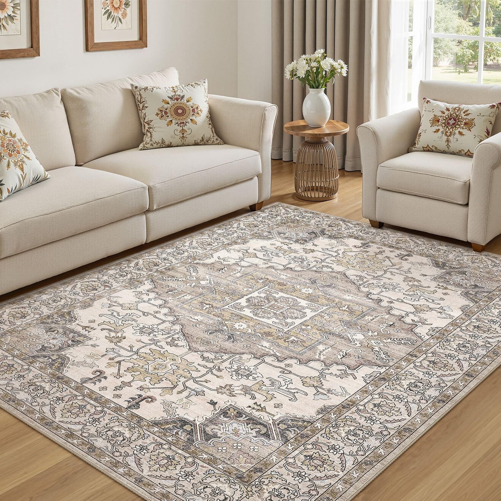 6x9 Washable Area Rugs for Living Room: Non Slip Vintage Brown Rug, Large Sof... gallery