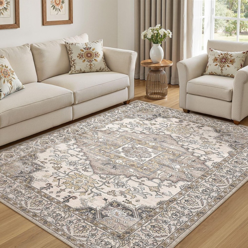6x9 Washable Area Rugs for Living Room: Non Slip Vintage Brown Rug, Large Sof...