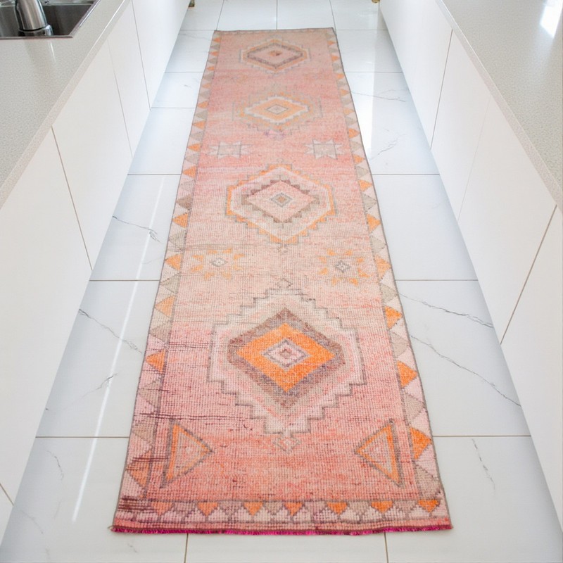 Turkish Runner Rug HandMade Wool Long Hallway Rug PINK Kitchen Decor 3x12.3 ft gallery