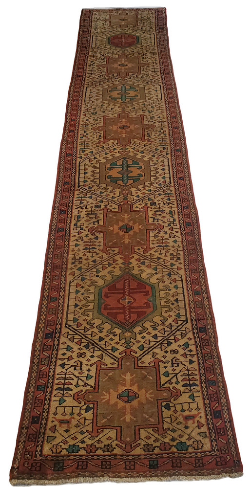 Rustic Karajeh Runner, Beige Multi-Medallion Sun Motif - 3'2" x 10'9"
