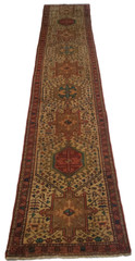 Rustic Karajeh Runner, Beige Multi-Medallion Sun Motif – 3’2″ x 10’9″