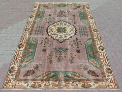 Taupe Medallion Large Oushak Distressed Carpet, Vintage Handmade Rug 71″x117″