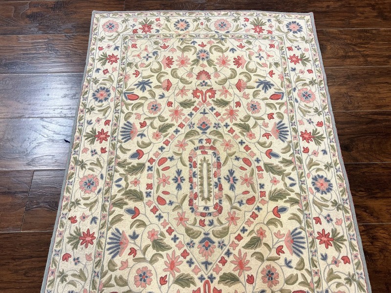 Hand Stitched Indian Rug 4x5, Floral, Vintage Hand Embroidered Rug gallery