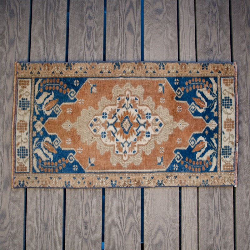 Vintage Oushak Small Rug 2x3 Hand-Knotted Wool Turkish Door Mat Pink Blue 1970s gallery