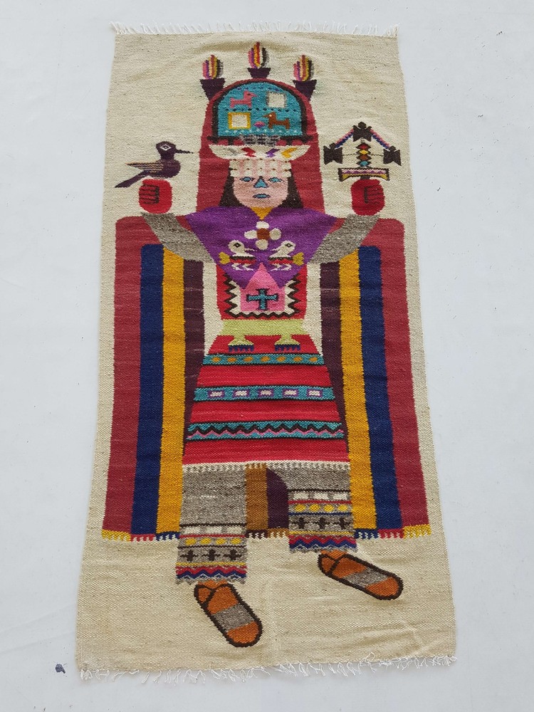 Vintage Handmade Cotacachi Peru Pictorial Multicolor Kilim Rug Carpet 132x66cm
