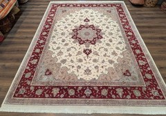 Wool Oriental Rug 8×10, Ivory and Maroon, Traditional, Floral Medallion