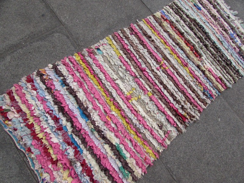 Vintage Hand Made Moroccan Boucherouite Cotton Fabric Pink Rug Runner 184x75cm gallery
