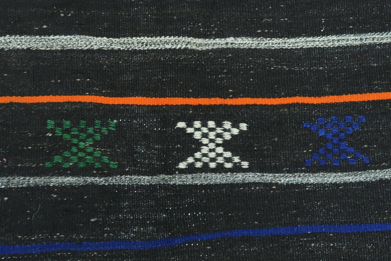 Black Striped Vintage Turkish Kelim, Handwoven Tirbal Large Carpet Rug 79"x111" gallery