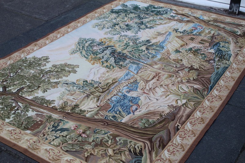 Vintage Hand Made French Design Original Wool Green Aubusson Tapestry 208X143cm gallery