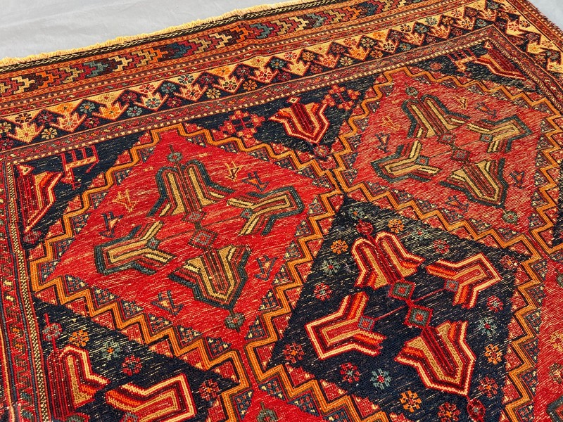 Vintage Afghan Sumak Kilim Rug 5.2x7.4 ft Hand Woven Red Navy Geometric Carpet gallery