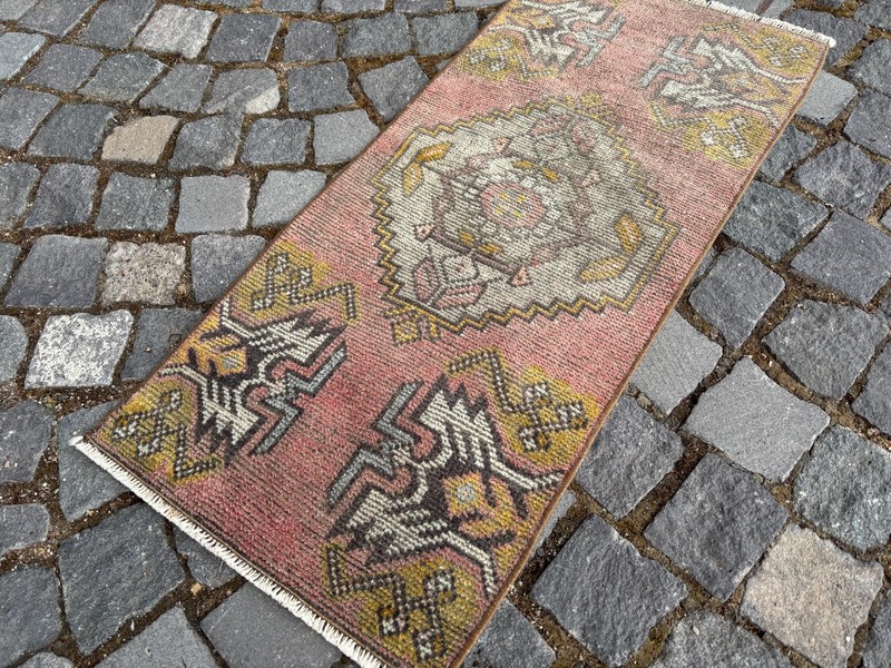 Small Handknotted Turkish Wool Rug: Vintage Bohemian Accent Mat 1,4 x 3,1 ft gallery