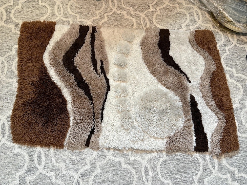 Vintage MCM Rya Abstract Art Brown And Cream Rug 1970’s