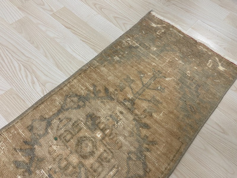 Vintage Handwoven Turkish Small Rug 1.3x3.4 ft Wool Distressed Neutral Carpet gallery