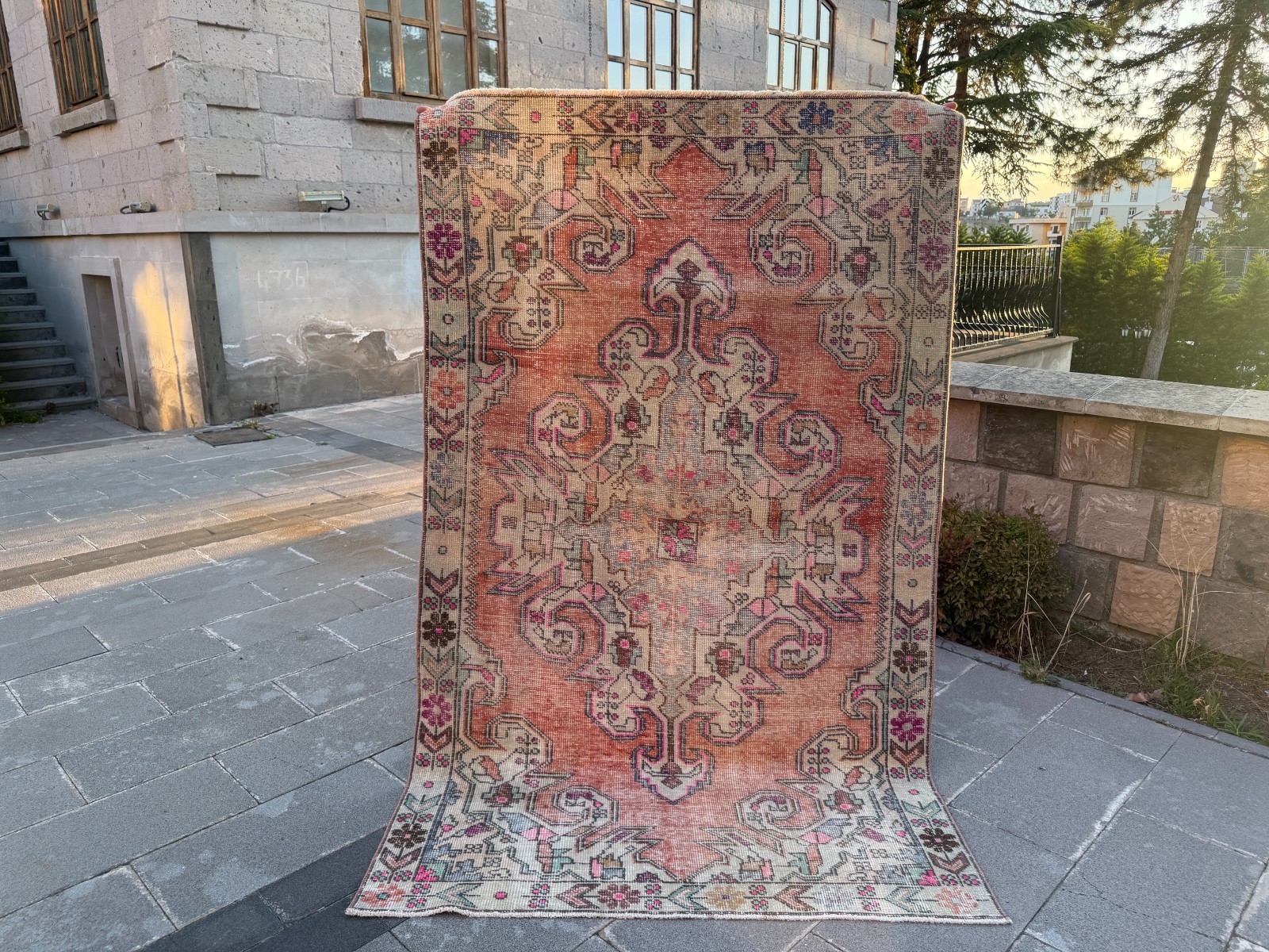 Artisan Turkish Rug 4.4x7.2 Ft Salmon Wool Vintage Botanical Carpet Handmade gallery